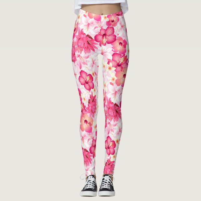 Leggings Flores rosadas y blancas tropicales (Anverso)