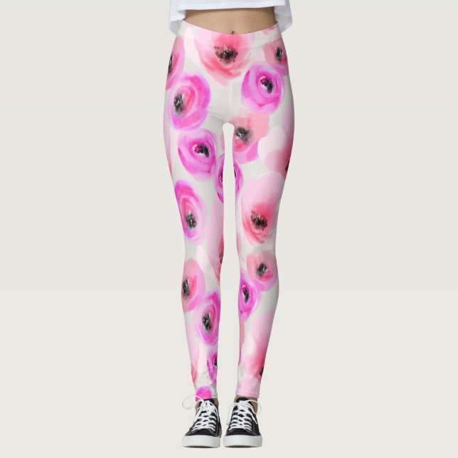 Leggings Flores rosas acuarela arte digital (Anverso)