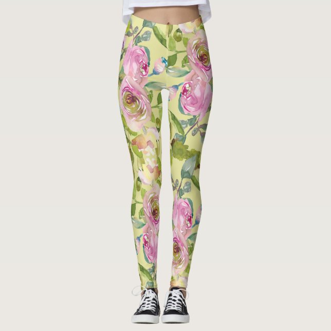Leggings Flores rosas en las piernas amarillas (Anverso)