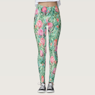 Leggings Flores rosas, verde salvia, sin costuras.
