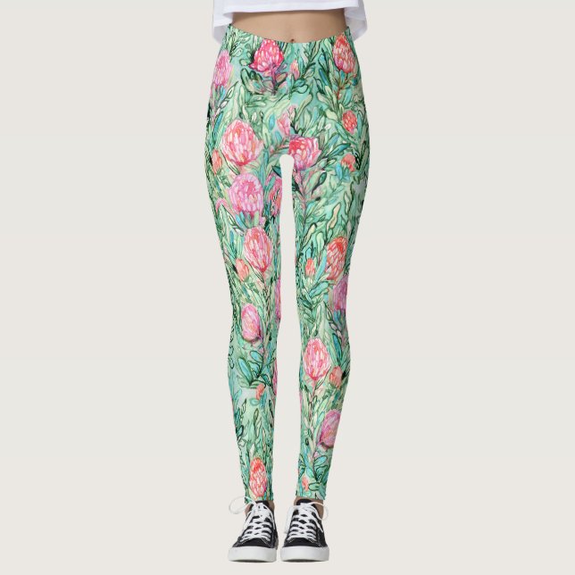 Leggings Flores rosas, verde salvia, sin costuras. (Anverso)