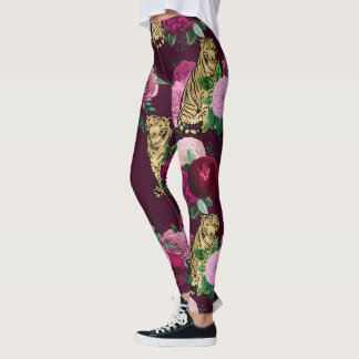 Leggings Flores rosas y gatos grandes de oro Impresión de e