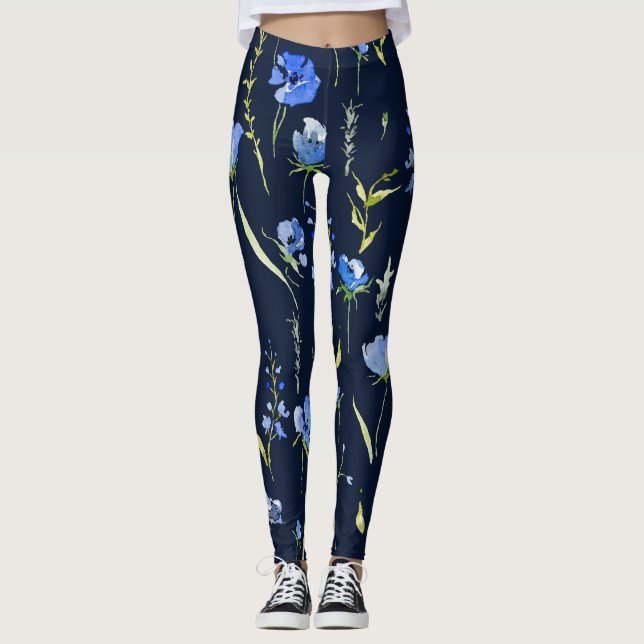 Leggings Flores Rusticas Azules: Ilustracion Botánico. (Anverso)