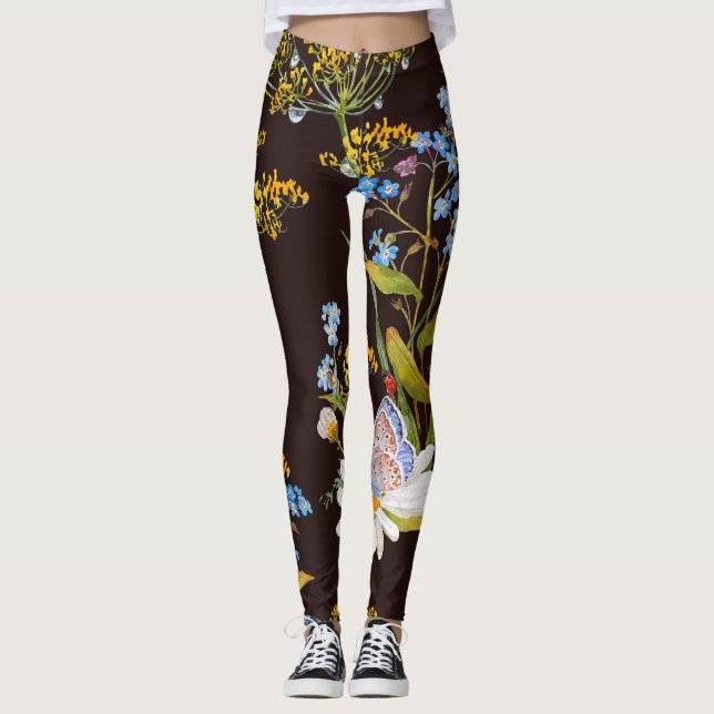Leggings Flores silvestres: acuarela de fondo negro (Anverso)