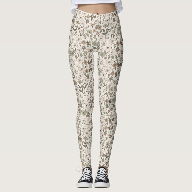 Leggings Flores silvestres aireadas en crema y salvia (Anverso)