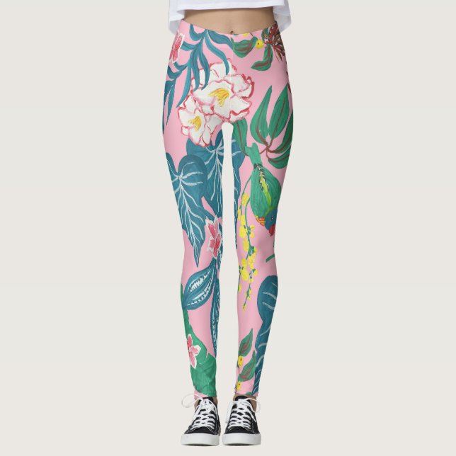 Leggings Flores tropicales abstractas, patrón de pintura gu (Anverso)