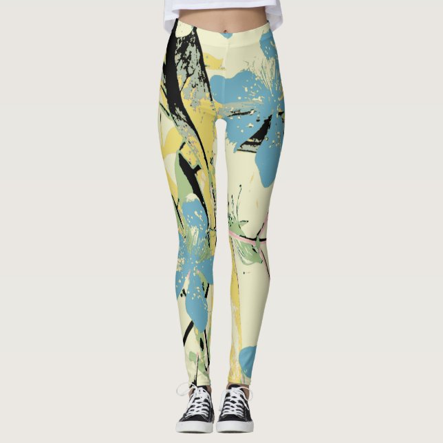 Leggings Flores tropicales azules y amarillas (Anverso)