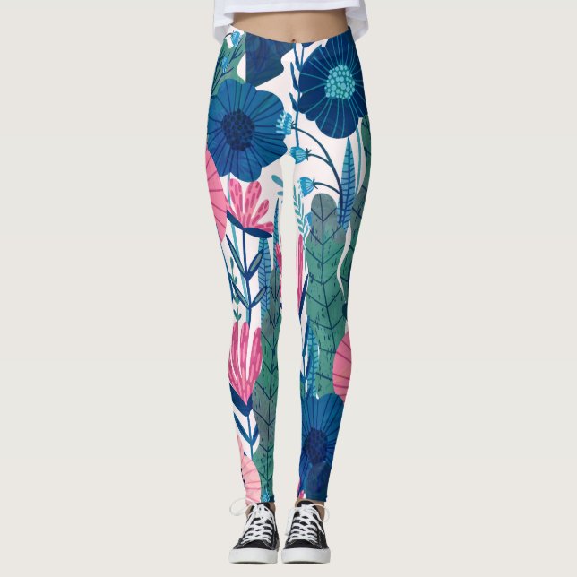 Leggings Flores tropicales coloridas y collage de hojas (Anverso)