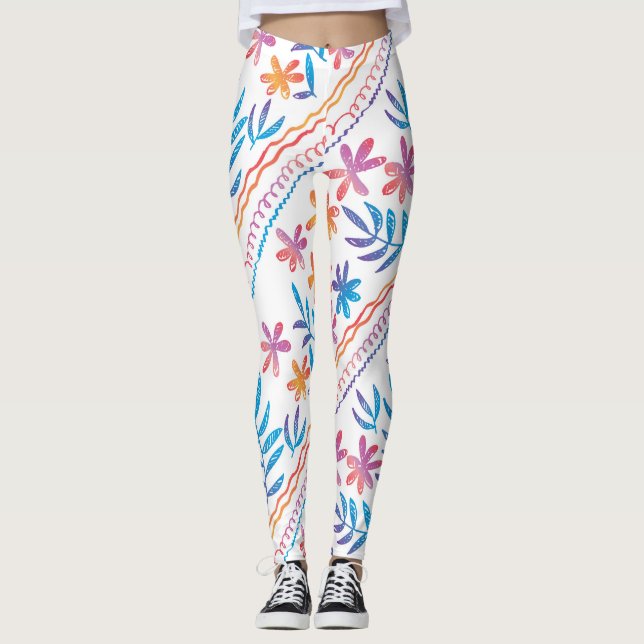 Leggings Flores tropicales dibujadas a mano, patrón de hoja (Anverso)