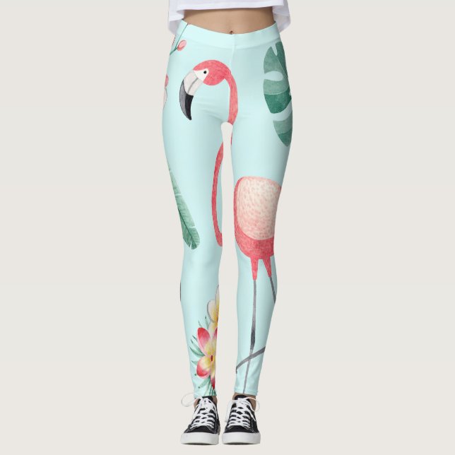 Leggings Flores tropicales Flamingos Patrón de acuarela (Anverso)