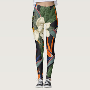 Leggings Flores tropicales, fondo oscuro, sin costura flora