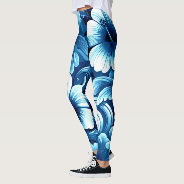 Leggings Flores tropicales hawaianas Hibiscus Blue White (Izquierda)