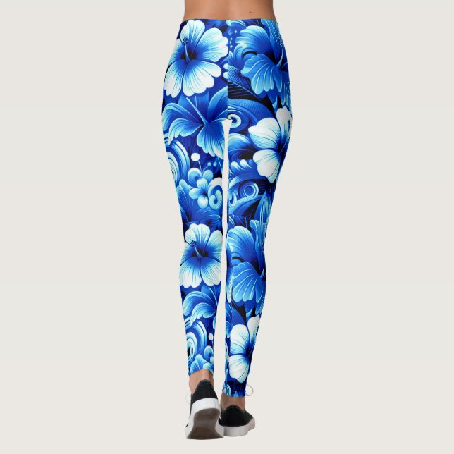 Leggings Flores tropicales hawaianas Hibiscus Cobalt Blue (Reverso)