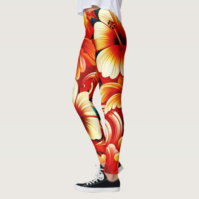 Leggings Flores tropicales hawaianas hibiscus Naranja amari (Izquierda)