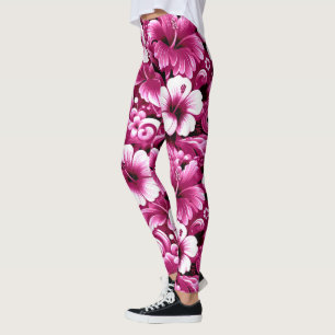 Leggings Flores tropicales hawaianas Hibiscus Pink White