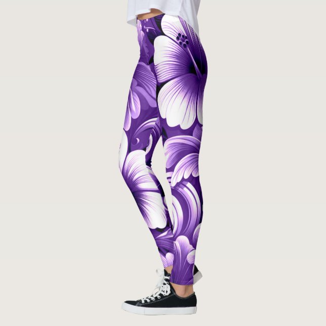 Leggings Flores tropicales hawaianas Hibiscus Purple White (Izquierda)