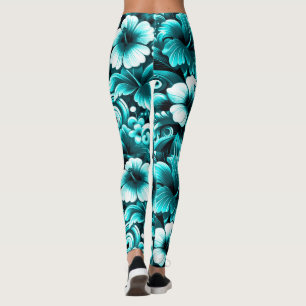 Leggings Flores tropicales hawaianas Hibiscus verde azul Ve