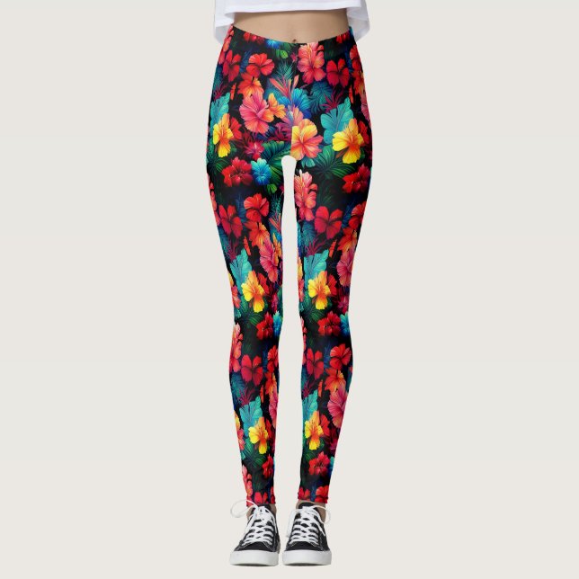 Leggings Flores tropicales Naranja floral hojas-66771 (Anverso)
