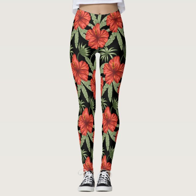 Leggings Flores tropicales rojas patrón de hojas verdes sin (Anverso)