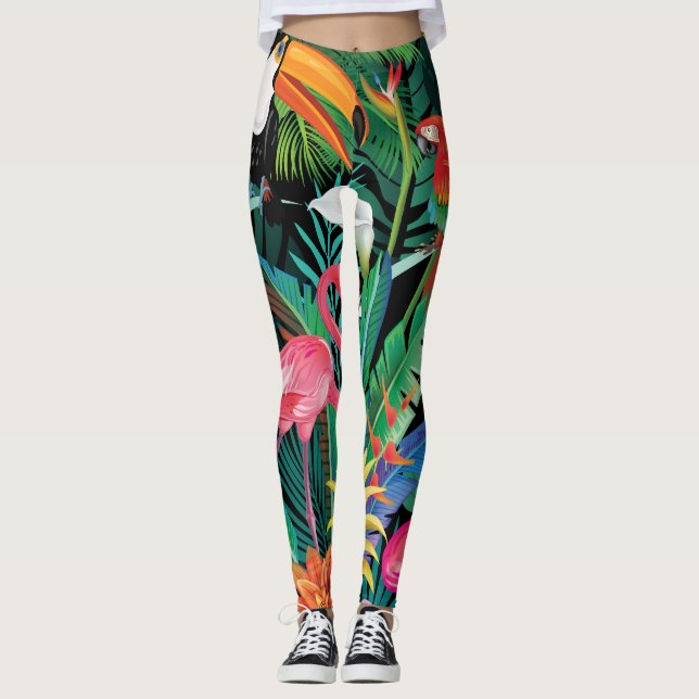 Leggings Flores tropicales y composición de aves. (Anverso)