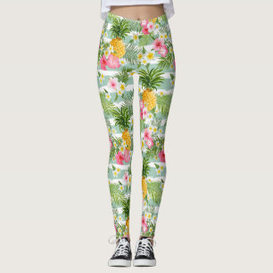 Leggings Flores tropicales y piña en franjas Verde azuladas