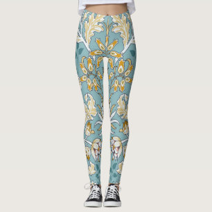 Leggings Flores vintage, hojas sin costura azul claro