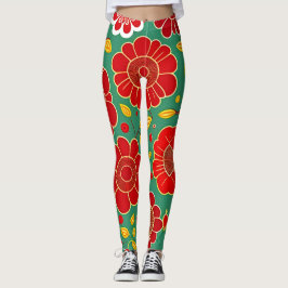 Leggings Flores Vintage Patrón Floral Retro Verde Rojo