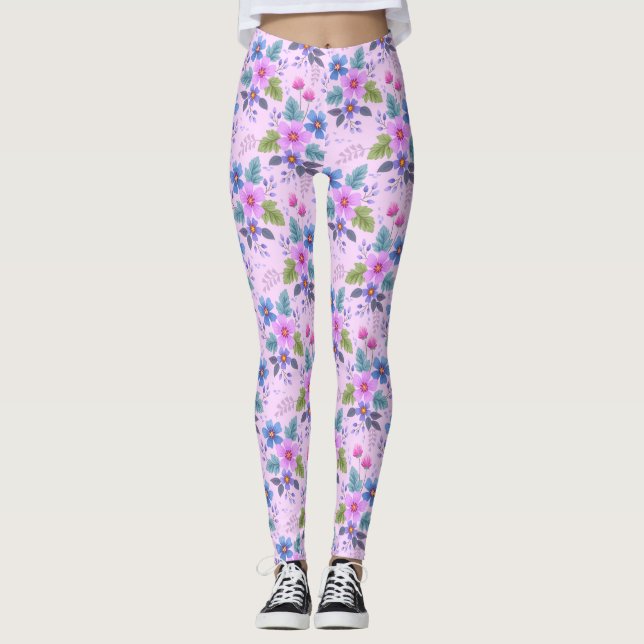 Leggings Flores violeta azul rosa floral Patrón 36841 (Anverso)