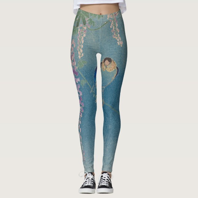 LEGGINGS FLORES Y AVES JAPONESES EN LAS PILAS AZULES (Anverso)