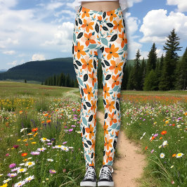 Leggings Flores y follaje azul y naranja