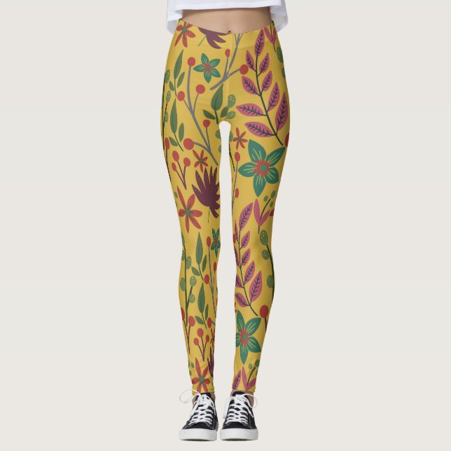 Leggings Flores y hojas amarillas sin costuras florales (Anverso)
