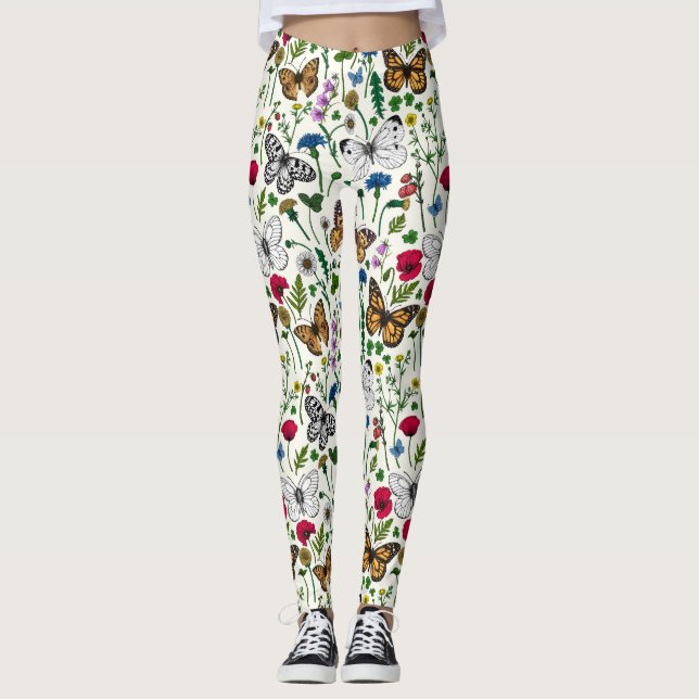 Leggings Flores y mariposas silvestres en blanco (Anverso)