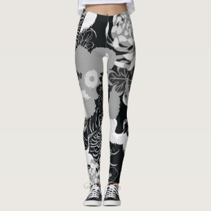 Leggings Flores y pájaros negras, blancas y grises