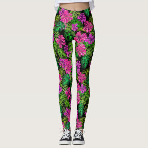 Leggings Flores y plantas tropicales sobre negro