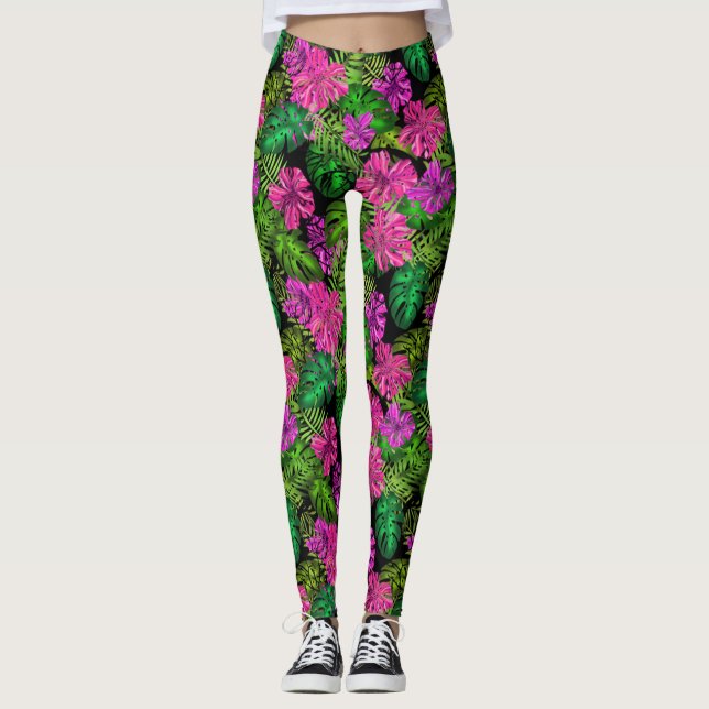 Leggings Flores y plantas tropicales sobre negro (Anverso)