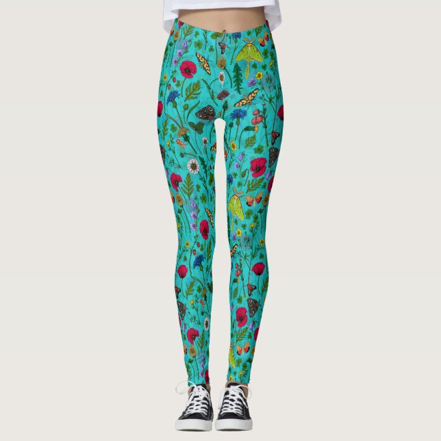 Leggings Flores y polillas silvestres en verde azulado (Anverso)