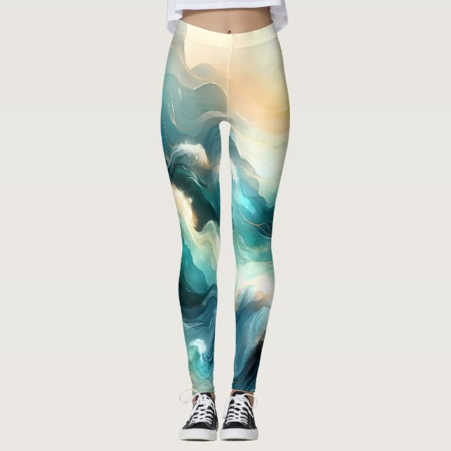 Leggings Flujo de Océano Dorado Ondas Abstractas (Anverso)