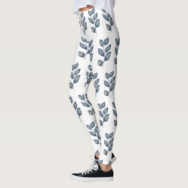 Leggings Folaje de acuarela azul y blanco moderno (Izquierda)