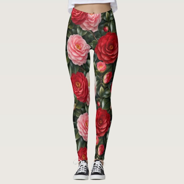 Leggings Follaje de Flor de Camelia de Lujo (Anverso)