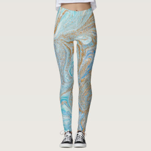 Leggings Fondo acrílico de mármol, azul con brillo dorado