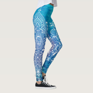 Leggings Fondo azul del océano profundo Ornamento blanco