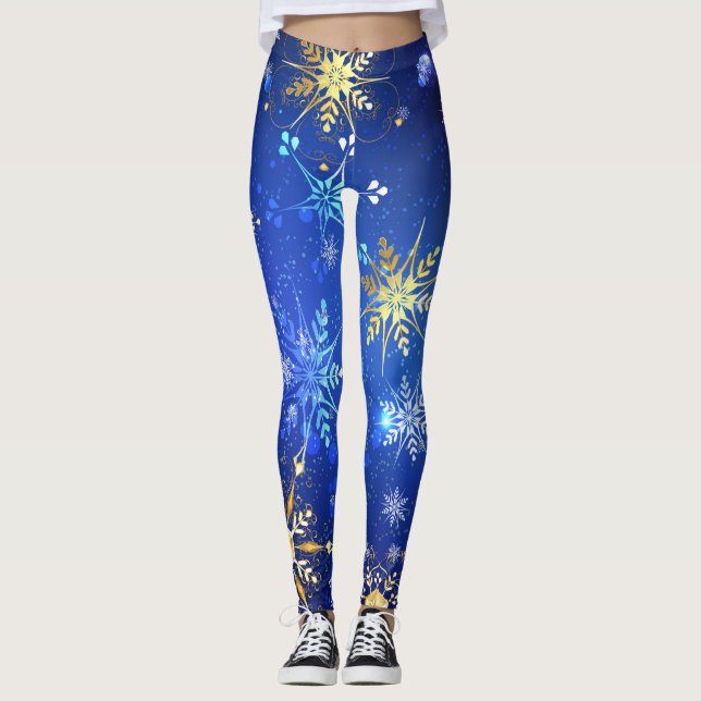 Leggings Fondo azul XMAS con copos de nieve dorados (Anverso)