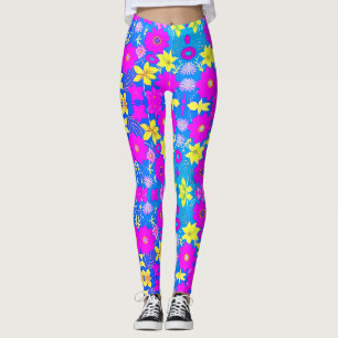 Leggings Fondo con patrón de flores rosas azules amarillas