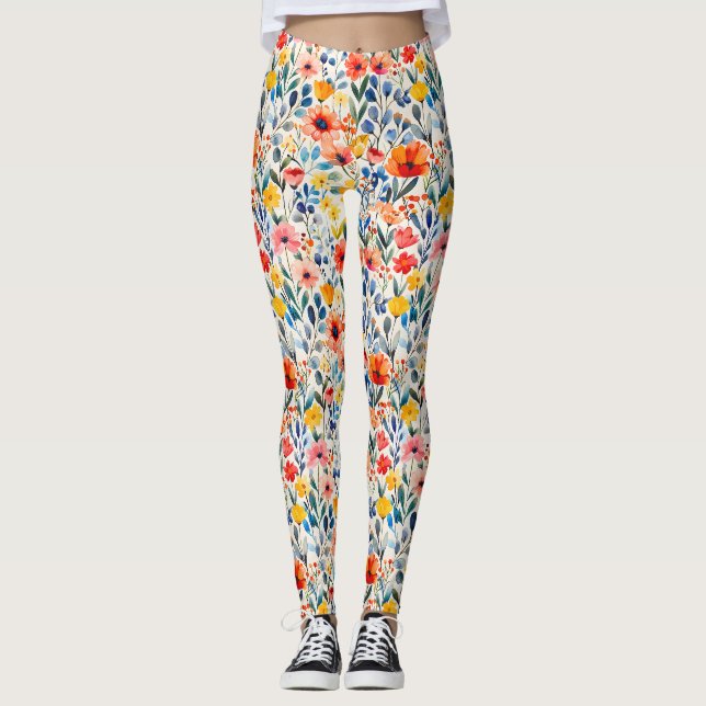 Leggings Fondo de flores silvestres de primavera en acuarel (Anverso)