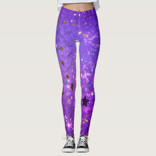Leggings Fondo de Relieve metalizado púrpura con estrellas