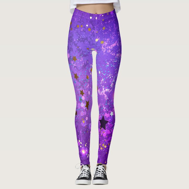 Leggings Fondo de Relieve metalizado púrpura con estrellas (Anverso)