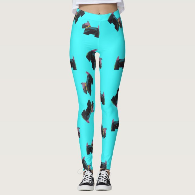 Leggings Fondo de turquesa de Cosmic Scottie Terrier (Anverso)
