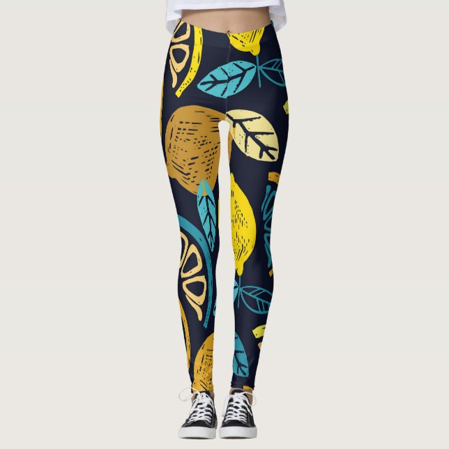 Leggings Fondo del patrón de doodle de limón de cítricos (Anverso)