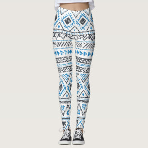 Leggings Fondo étnico azul, blanco sin costura.