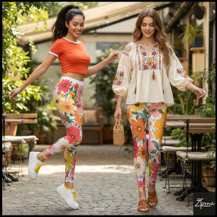 Leggings Fondo floral retro de los 70 con margaritas groovy